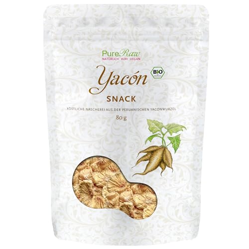 Yacon-Snack Bio Natürlich Süße Chips Zuckerfrei Ballaststoffe (Roh Vegan Glutenfrei) Yacon-Wurzel Getrocknet Ohne Zucker Yakon Knolle Süßigkeiten Knabberartikel Raw Organic Sweet Crisps | PureRaw 80g von PureRaw