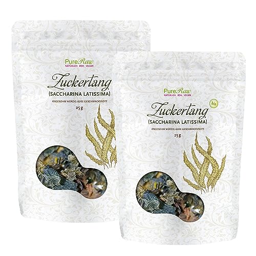 Zuckertang Bio Süßer Kombu Kelp (Wildsammlung Roh Vegan) Seetang Algen Blätter Atlantik Getrocknet - Organic Raw Wild Dried Seaweed Sugar Kelp Laminaria Saccharina Latissima | PureRaw 50g (=2x25g) von PureRaw