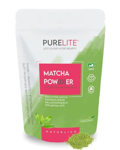 PURELITE Matcha Pulver 230g, vegan ohne Zucker mit Erythrit & Stevia, grüner japanischer Tee, ideal für Latte Tea und Smoothies Getränk, mit Koffein, guter Zucker- oder Kaffeeersatz, Antioxidatien von Purelite