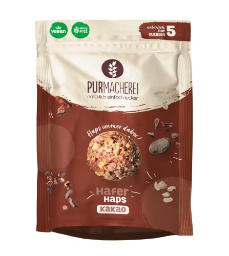 PURmacherei HaferHAPS Kakao 50 g, vegane & glutenfreie Hafer-Mandel-Kugeln mit zartherber Kakaomasse, handgefertigte Snack Balls aus nur 5 natürlichen Zutaten von Purmacherei