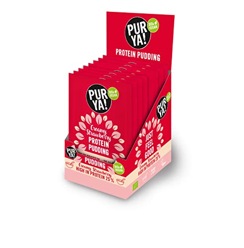 PURYA! Vegan Protein Pudding - Creamy Strawberry, veganes Protein Dessert in Bio Qualität, fruchtiger Genuss ohne schlechtes Gewissen, zuckerfrei, laktosefrei und vegan, Vorratspack 8x 44g von Purya