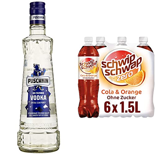 Puschkin Ice-Filtered Vodka 37,5% Vol. 0,7l & Schwip Schwap ohne Zucker – Koffeinhaltiges Cola-Erfrischungsgetränk mit Orange in Flaschen aus 100% recyceltem Material, EINWEG (6 x 1.5 l) von Puschkin