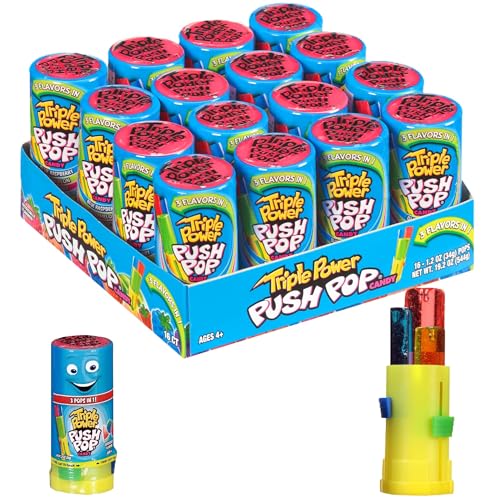 Triple Power-Push Pop - 2 verschiedene Fruchtaromen - 3 Pops in 1 - Anzeige einzelner Lutscher - lustige Süßigkeiten für Geburtstage und Partys - 16er Pack Triple Power-Push Pop - 2 verschiedene Fruchtaromen - 3 Pops in 1 - Anzeige einzelner Lutscher - lustige Süßigkeiten für Geburtstage und Partys - 16er Pack von Push Pop