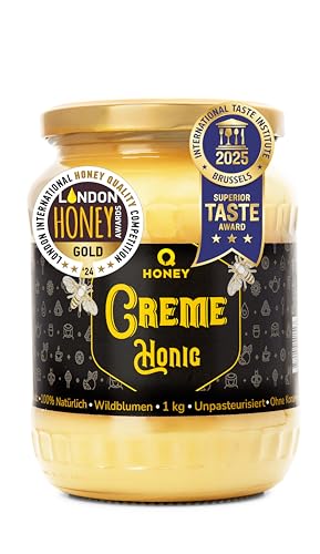 Offiziell als Top 1 Honig 2025 Ausgezeichnet – Weicher, Reiner, Roher & Cremig gerührter Wildblumenhonig 1kg – Gewinner Paris Platin 2025, Superior Taste Brüssel & London Honey Gold Award von Q honey