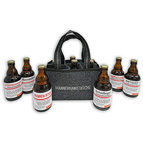 QUATSCHmanufaktur Bier Männerhandtasche Medizin/Männergeschenk gefüllt mit 6 Bier Flaschen in der Filztasche/Bier Geschenke für Männer 6 × 0,33 l Bier von QUATSCHmanufaktur