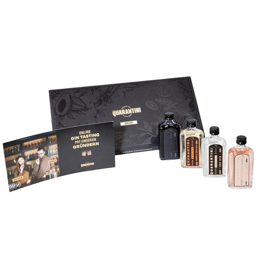 Quarantini Gin Tasting Set inkl. Online-Tasting 42% Vol. (4 x 50 ml) – Geschenkset mit vier fruchtigen Sorten (Barrel Aged, Dry, Black und Rosé) von Quarantini