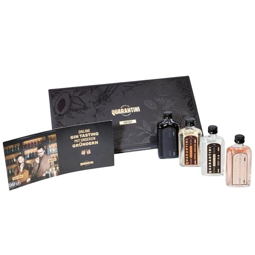 Quarantini Gin Tasting Set inklusive Gin Tasting – Gin Geschenkset mit vier fruchtig leckeren Gin-Sorten in 50 ml Flaschen (Barrel Aged, Dry, Black & Rosé) – perfekt geeignet als Gin Geschenk von Quarantini