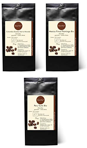 3 x Bio Kaffee Geschenk-Set Probierset - Colombia Excelso Sierra Nevada & Mexico Finka Flamingo & Peru Tunki - Röstkaffee gemahlen - 3 x 75 g von Querfee von Querfee