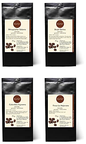 4 x Kaffee Geschenkset Probierset - Äthiopischer Sidamo, Brasil Santos, Colombia Supremo, Finca La Mejorana - 100% Röstkaffee - gemahlen - 4x75 g (300g) von Querfee von Querfee