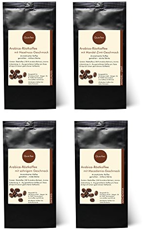 Kaffee Geschenkset Probierset - 4 x Kaffee mit Geschmack - Haselnuss, Mandel-Zimt, Sahne, Macadamia - Arabica Röstkaffee mit Aroma - gemahlen - 4 x 75 g (300 g insgesamt) von Querfee