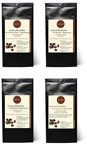 Kaffee Geschenkset Probierset - Jamaica Rum, Vanille, Eierlikör, Haselnuss - 4 x Kaffee mit Geschmack - Arabica Röstkaffee mit Aroma - gemahlen - 4 x 75 g (300 g) von Querfee