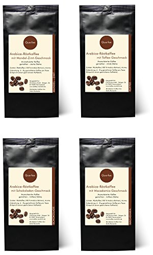 4 x Kaffee mit Geschmack - Kaffee Geschenk Probierset - Mandel Zimt, Toffee, Schokolade, Macadamia - Arabica Röstkaffee mit Aroma - gemahlen - 4 x 75 g (300 g insgesamt) von Querfee