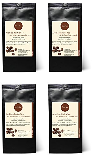 4 x Kaffee mit Geschmack Geschenkset Probierset - Sahne, Toffee, Schokolade, Haselnuss - Arabica Röstkaffee mit Aroma - gemahlen - 4 x 75 g (300 g insgesamt) von Querfee