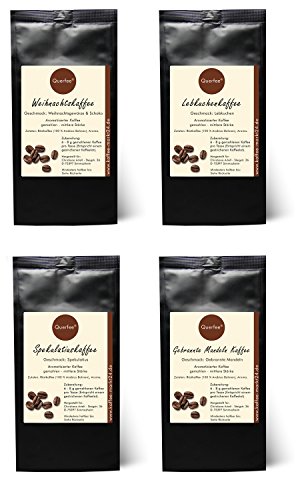 4 x Kaffee mit Geschmack zu Weihnachten als Geschenkset - Weihnachtskaffee, Spekulatius , Lebkuchen, Gebrannte Mandeln Kaffee - 100% Arabica Röstkaffee mit Aroma - 4x75 g (300 g) von Querfee