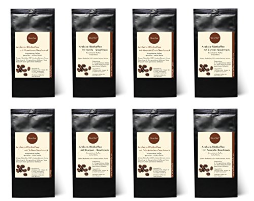 Kaffee Geschenkset - 8 x Kaffee mit Geschmack als Probierset - Haselnuss, Vanille, Mandel Zimt, Eierlikör, Toffee, Orange, Schokolade, Amaretto - Arabica Röstkaffee mit Aroma - gemahlen - 8 x 75 g (600 g insgesamt) von Querfee