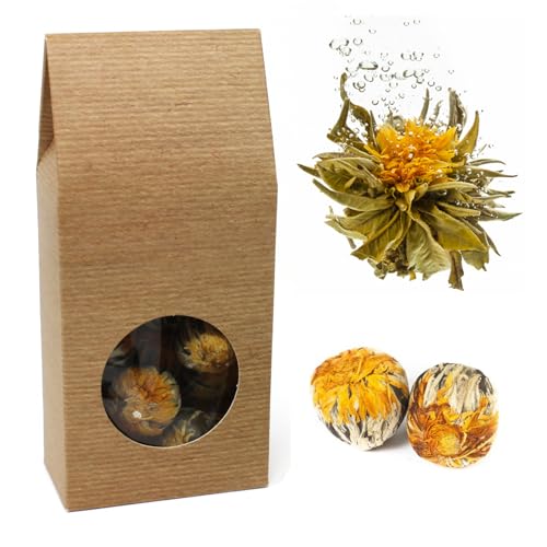 Quertee – 10 x Teeblume/Teerose fruchtiger Grüntee mit toller Blütenoptik – Teerosen mit weißen Teespitzen und Ringelblumenblüten – Golden Fortune Balls Geschenk von Quertee