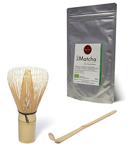 Japan BIO Matcha - 100 g im Alu-Zip-Beutel - Japanischer Grüntee (KBA) PLUS Matcha Besen Chasen PLUS Matcha Bambuslöffel Chashaku von Quertee