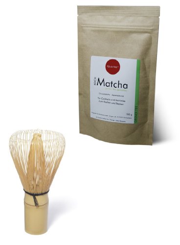 Matcha Pulver 100 g im Zip-Beutel zum Kochen, Backen, Cocktails, Mixgetränke, usw. PLUS Matcha Besen Chasen - Matchabesen von Quertee