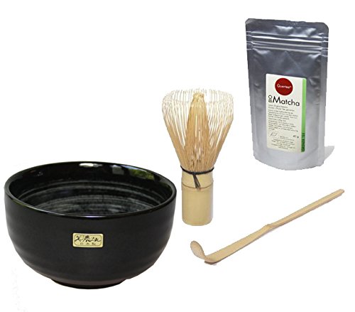 Matcha Set - Bio Matcha Pulver - 40 g im Alu-Zip-Beutel PLUS Original japanische Matcha Schale "Aqua" - 400 ml PLUS Matcha Besen Chasen - Matchabesen PLUS Matcha Bambuslöffel Chashaku von Quertee