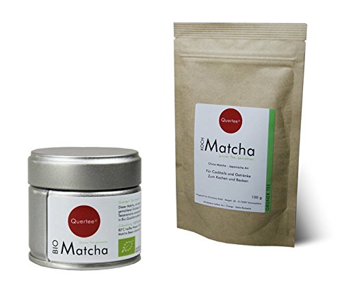 Original Japan Bio Matcha - 30 g Dose - Premiumqualität für den Trinkgenuß PLUS Matcha - 100 g im Zip-Beutel zum Kochen, Backen, Cocktails, Mixgetränke, usw. von Quertee