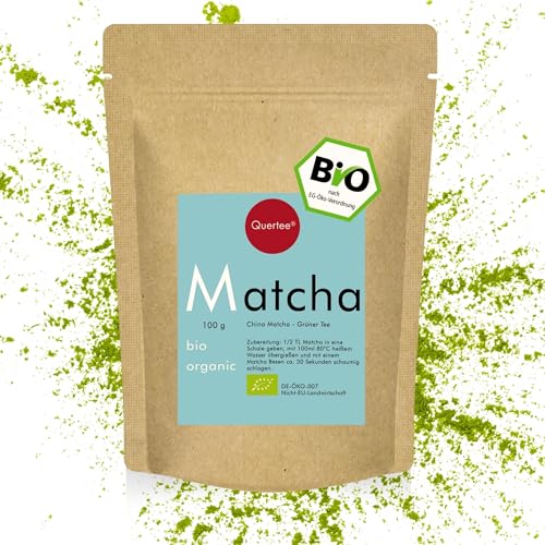 Bio Matcha Tee in Premium Qualität 100 g grüner Tee Pulver vegan zum Trinken, für Matcha-Latte, Smoothies, ... für Deine Morgen Routine, im Gym, für Iced Latte von Quertee von Quertee