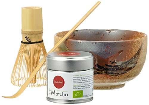 Quertee Matcha Set - Original Japan Bio Matcha - 30 g Dose PLUS Original japanische Matcha Schale - 400 ml PLUS Matcha Besen Chasen - Matchabesen PLUS Matcha Bambuslöffel Chashaku von Quertee