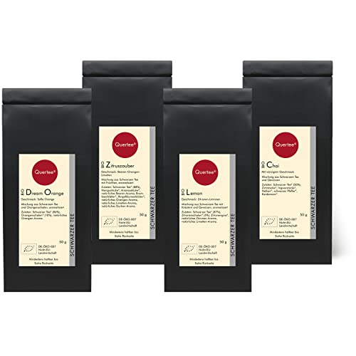 Quertee Biotee Schwarzer Tee Geschenkset 4 x 50 g Probierset mit Schwarztee Dream Orange, Zitruszauber, Lemon, Chai von Quertee