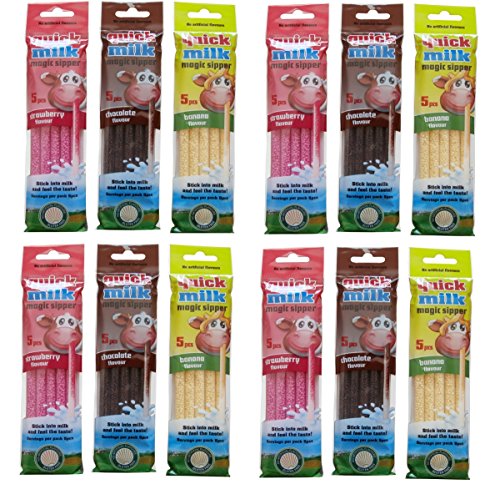 60 x Quick-Milk Magic Sipper Strohhalme, aromatisierte Strohhalme für sofortigen Milchshake, Erdbeere, Schokolade, Banane von Quick Milk