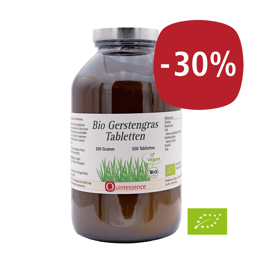 Bio Gerstengras Tabletten 500 Stück - Aus nachhaltigem Anbau in der Bodensee Region - Vegan - Quintessence von Quintessence