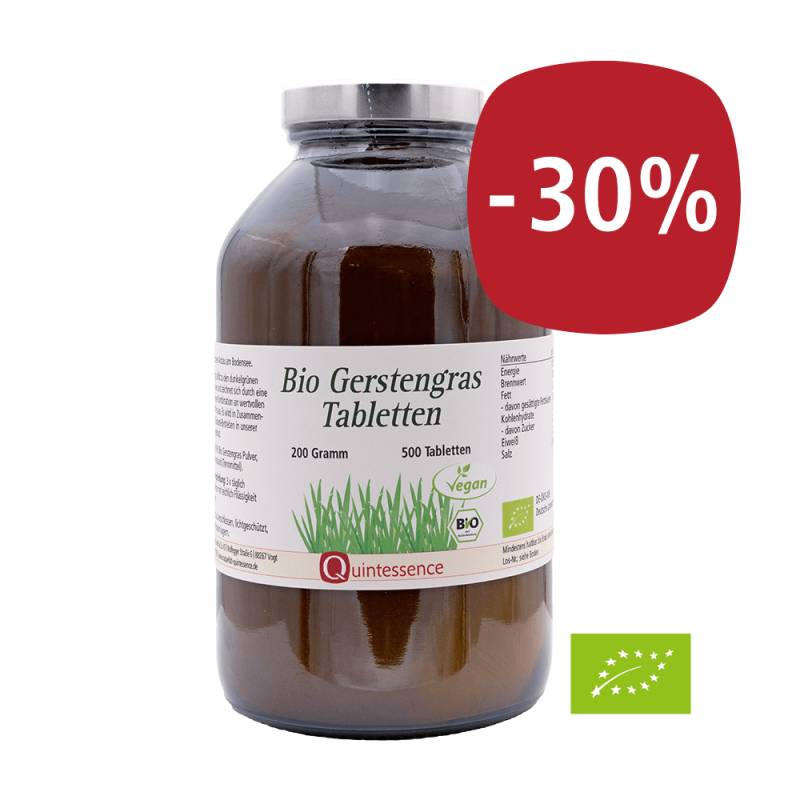 Bio Gerstengras Tabletten 500 Stück - Aus nachhaltigem Anbau in der Bodensee Region - Vegan - Quintessence von Quintessence