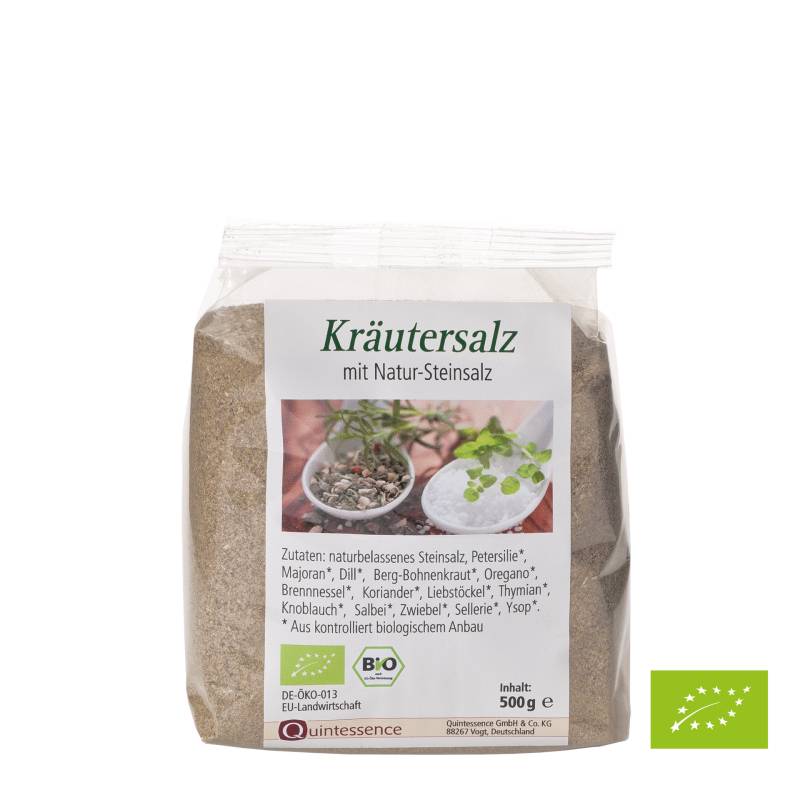 Kräutersalz mit Natursteinsalz Bio 500 g - nicht raffiniert und frei von Rieselhilfen - Vegan - Quintessence von Quintessence