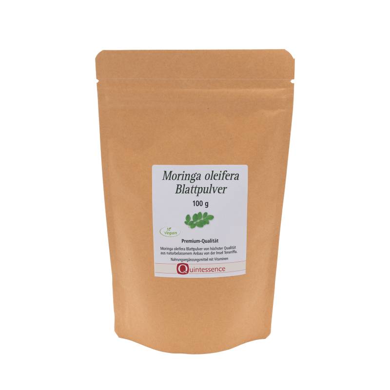 Moringa Oleifera 100 g Pulver - Reines Blattpulver ohne Stengel oder Stiele - Rohkostqualität - Vegan - Quintessence von Quintessence