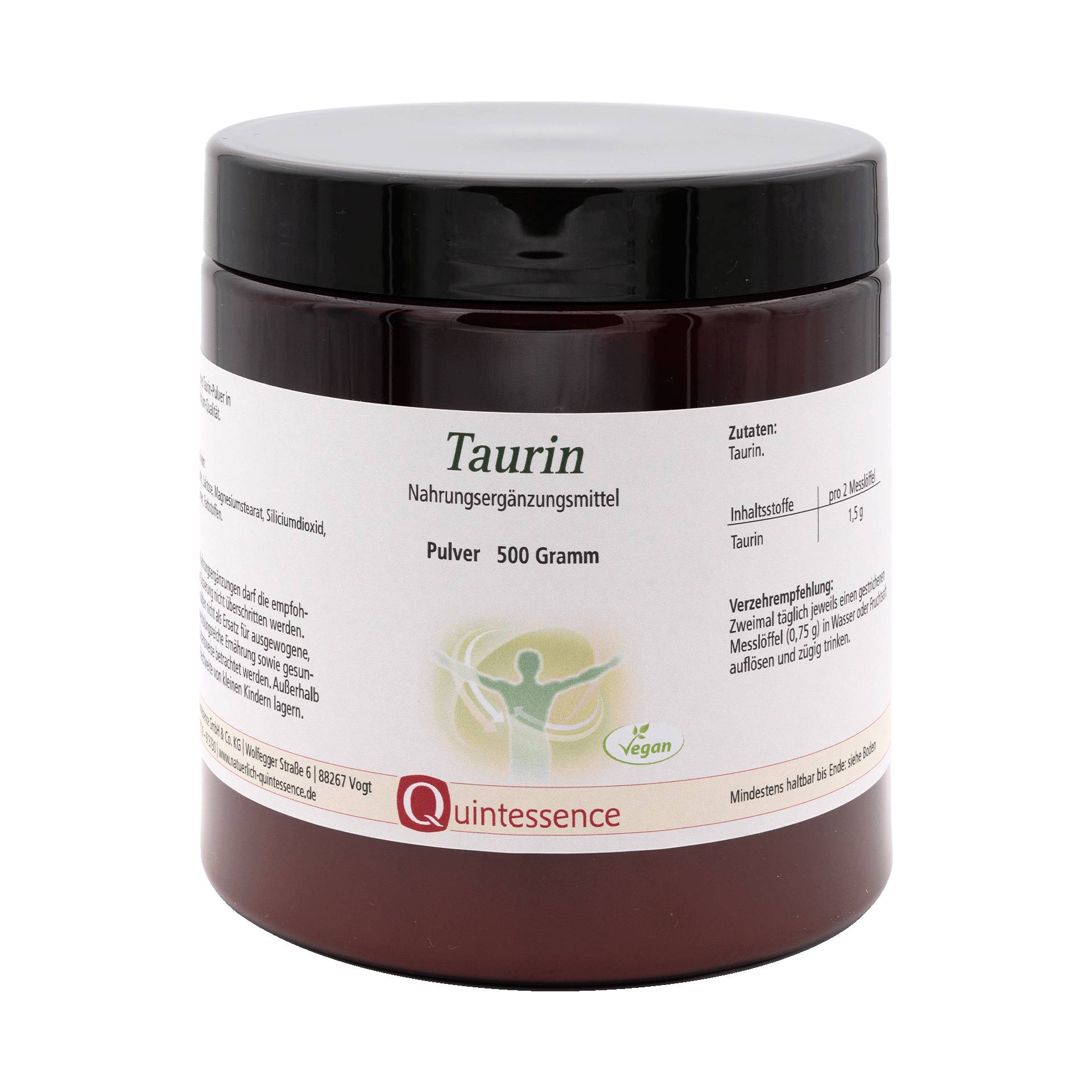 Taurin 500 g Pulver - 100 Prozent reines Taurin - Ohne Zusätze - Vegan - Quintessence von Quintessence
