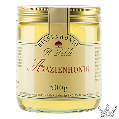 R. Feldt Honige Akazien Honig, lieblich, klar, flüssig, super zum süßen, zum Anrichten von Soßen & Salatsoßen, unvermischt, ungefiltert, 500g von R. Feldt Honige