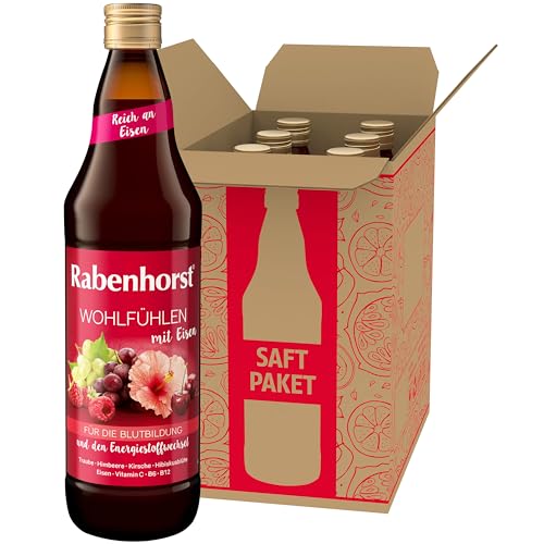 RABENHORST Wohlfühlen mit Eisen 6er Pack (6 x 700 ml). Mehrfruchtsaft mit Hibiskusblüten-Essenz, Eisen, Vitamin C, B6 und B12 für die Blutbildung und den Energiestoffwechsel von Rabenhorst