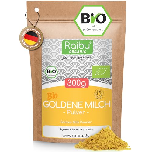 RAIBU Goldene Milch Pulver BIO I Golden Milk 300g - Ashwagandha Kurkuma Latte Mix mit Kokosblütenzucker, Zimt, Ingwer - Ayurveda Geschenke von RAIBU