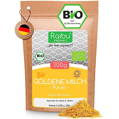 RAIBU Goldene Milch Pulver BIO I Golden Milk 300g - Ashwagandha Kurkuma Latte Mix mit Kokosblütenzucker, Zimt, Ingwer - Ayurveda Geschenke von RAIBU