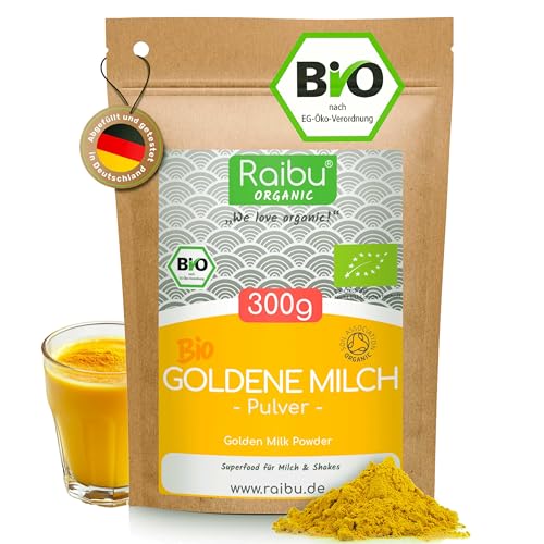 Goldene Milch Pulver BIO - 300g Golden Milk mit Kurkuma - Ashwagandha Kurkuma Latte Mix mit Zimt, Ingwer - Ayurveda Geschenke - Raibu Naturprodukte von RAIBU