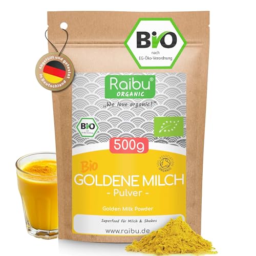 RAIBU Goldene Milch Pulver BIO I Golden Milk 500g - Ashwagandha Kurkuma Latte Mix mit Kokosblütenzucker, Zimt, Ingwer - Ayurveda Geschenke von RAIBU