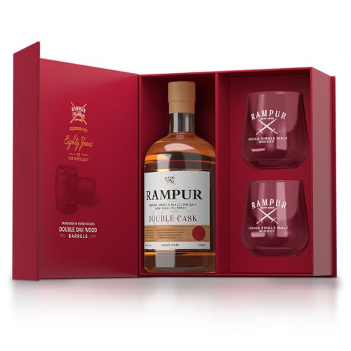 Rampur Double Cask Indian Single Malt Whisky| 1 x 700 ml - Geschenkbox | Mit zwei gebrandeten Gläsern in der Box enthalten Rampur Double Cask Indian Single Malt Whisky| 1 x 700 ml - Geschenkbox | Mit zwei gebrandeten Gläsern in der Box enthalten von RAMPUR