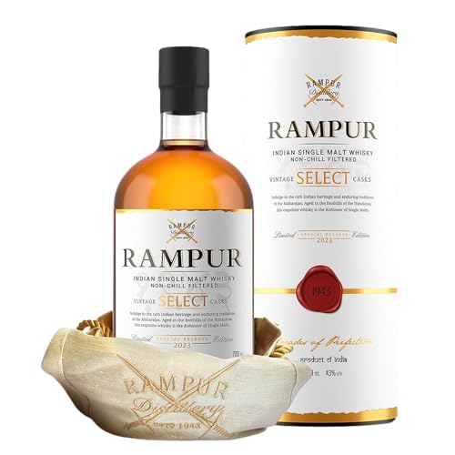 Rampur Vintage Select 2023 Edition Cask Malt Whisky - 43% Alkoholgehalt - Whisky Einzelflasche 70cl | Premium Indischer Non-Chill Filtered Cask Strength Whisky | Sanfter Select Cask Single Malt Whisky Rampur Vintage Select 2023 Edition Cask Malt Whisky - 43% Alkoholgehalt - Whisky Einzelflasche 70cl | Premium Indischer Non-Chill Filtered Cask Strength Whisky | Sanfter Select Cask Single Malt Whisky von RAMPUR