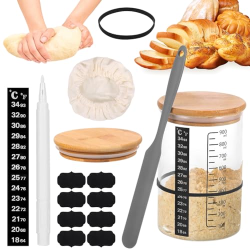 Sauerteig Starter Set, Fermentieren Set, 900ml Sourdough-Gärglas mit Holzdeckel, Gummiband, Thermometerpapier, 8 Etiketten, Stift, Silikon-Spatel, Stoffhut, für Brotbacken, Lagerung Trockenfrüchten Sauerteig Starter Set, Fermentieren Set, 900ml Sourdough-Gärglas mit Holzdeckel, Gummiband, Thermometerpapier, 8 Etiketten, Stift, Silikon-Spatel, Stoffhut, für Brotbacken, Lagerung Trockenfrüchten von RANJIMA