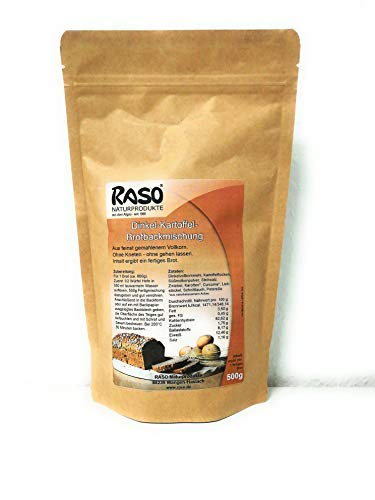 Brot - Brotbackmischung Dinkel - Kartoffel + Kurkuma uvm von RASO - Ohne Kneten, ohne gehen lassen (500g) - Einfach und schnell zubereitetes gesundes Brot von RASO Naturprodukte