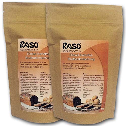 Brot - bewährte RASO Rezeptur Brotbackmischung Dinkel - Kartoffel + Curcuma...uvm - Ohne Kneten, ohne gehen lassen 2 x 500g von RASO Naturprodukte