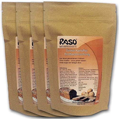 Brot mit Kurkuma - bewährte RASO Naturprodukte DAS ORIGINAL Rezeptur Brotbackmischung Dinkel - Kartoffel - Ohne Kneten, ohne gehen lassen 4 x 500g von RASO Naturprodukte