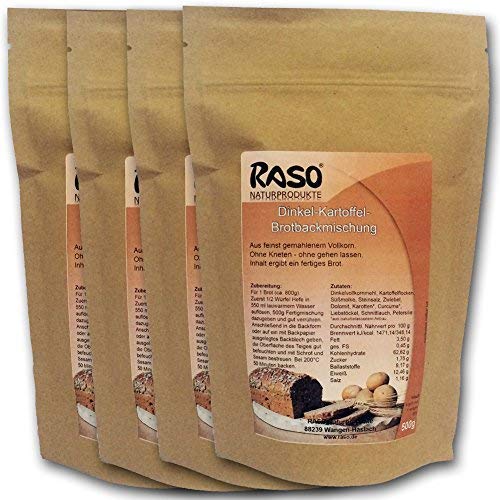 Brot mit Kurkuma - bewährte RASO Naturprodukte DAS ORIGINAL Rezeptur Brotbackmischung Dinkel - Kartoffel - Ohne Kneten, ohne gehen lassen 4 x 500g von YESMOO