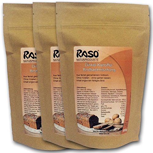 Brot mit Kurkuma - bewährte RASO Rezeptur Brotbackmischung Dinkel - Kartoffel - Ohne Kneten, ohne gehen lassen (3 x 500g) - Einfach und schnell zubereitetes gesundes Brot von RASO Naturprodukte