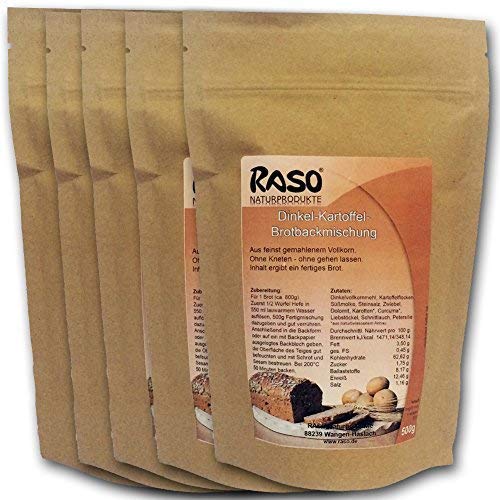 Brot mit Kurkuma - bewährte RASO Naturprodukte DAS ORIGINAL Rezeptur Brotbackmischung Dinkel - Kartoffel - Ohne Kneten, ohne gehen lassen 5 x 500g von RASO Naturprodukte