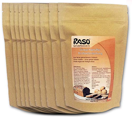 Notvorrat Mehl 5 Kg- 10x500g bewährte RASO Naturprodukte DAS ORIGINAL Rezeptur Brotbackmischung Dinkel - Kartoffel mit Kurkuma Ohne Kneten, ohne gehen lassen von RASO Naturprodukte