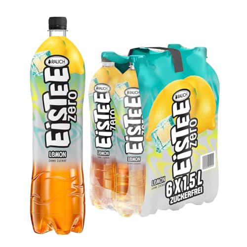 Rauch Eistee Zero Lemon | Durstlöschender, zuckerfreier Eistee | Genuss mit Zitronen Geschmack | Kalorienarme Erfrischung | Aus Schwarztee und Hagebutte | 6x 1,5 Liter PET Flasche von RAUCH Eistee